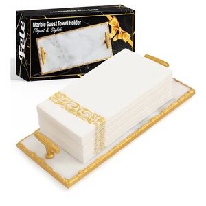 Guest Towel Holder Tray for Bathroom - White Marble Tray with Gold Rim NEW